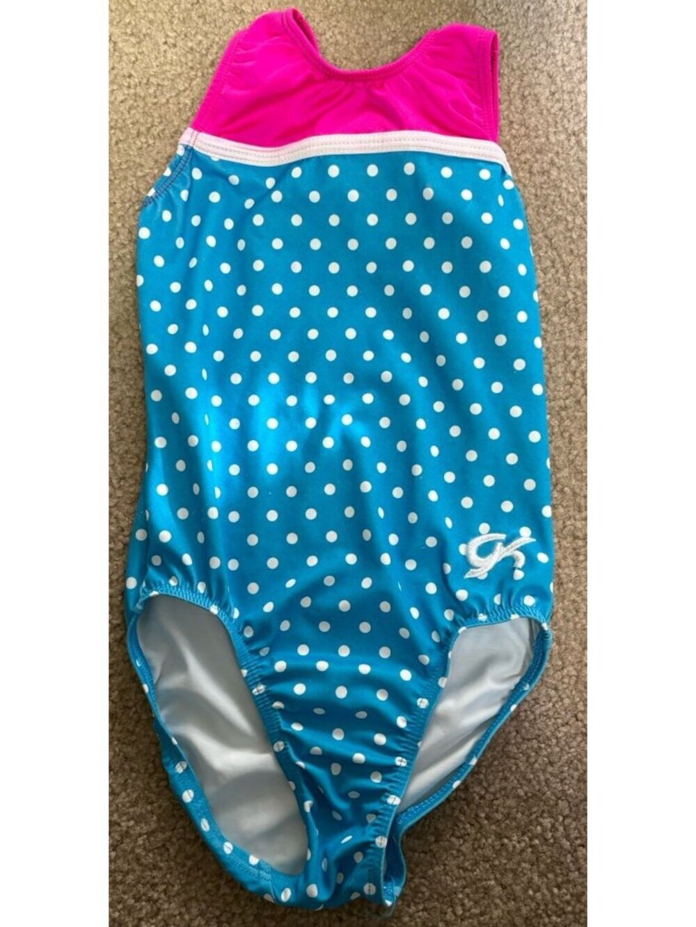 GK CM Gymnastics Leotard Child Medium M Multicolor Pink Blue White Polkadot